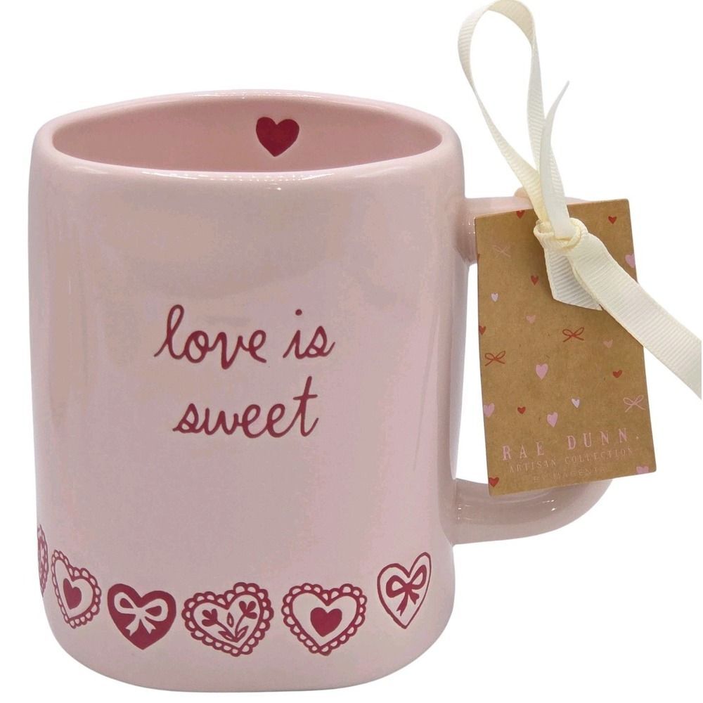 Rae Dunn Love Is Sweet Valentine Pink Ceramic Coffee Mug Embossed & Printed 16oz